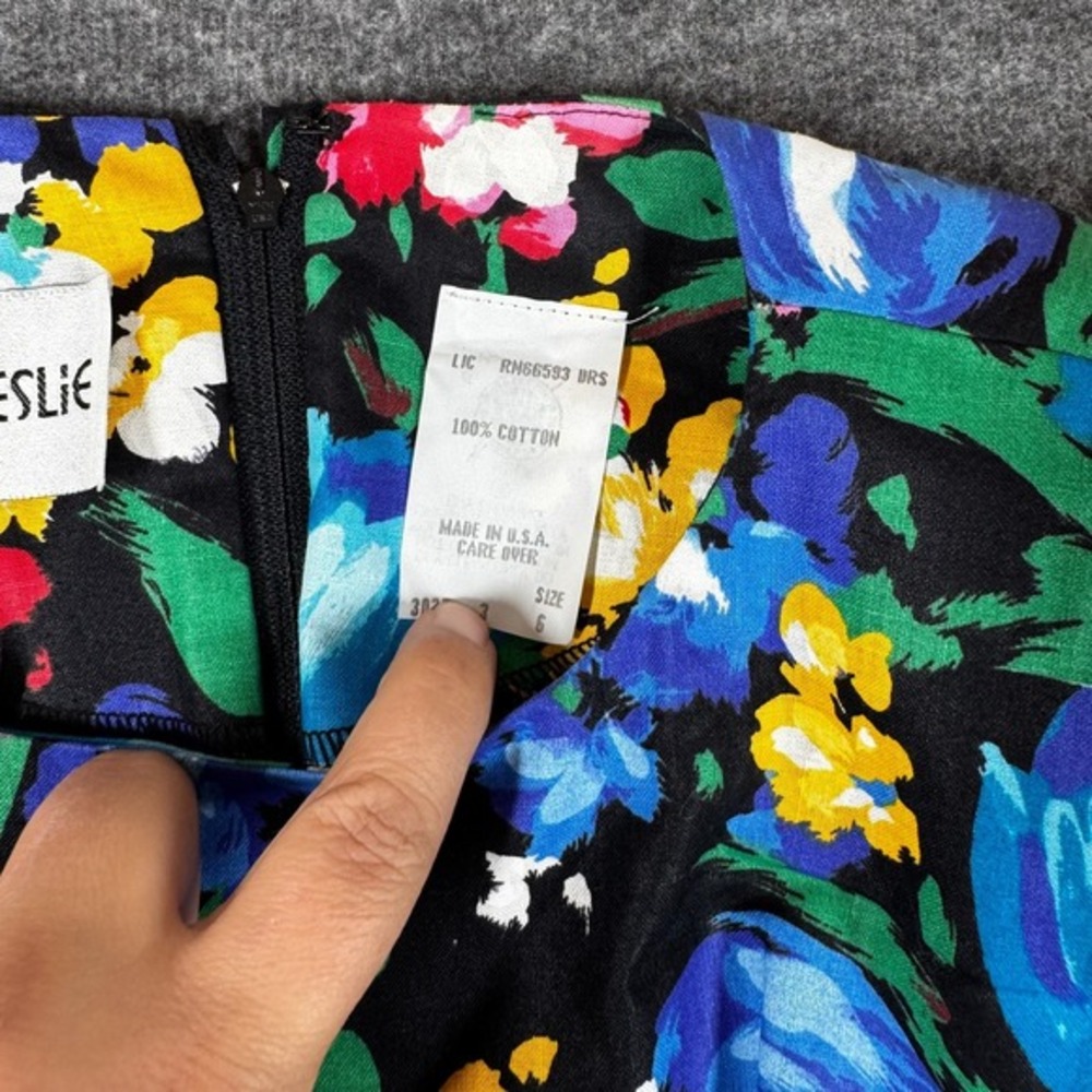 Vintage 80s Colorful Floral Cocktail Dress Size 6 Rhinestone Bow Puff Sleeve - Picture 7 of 13